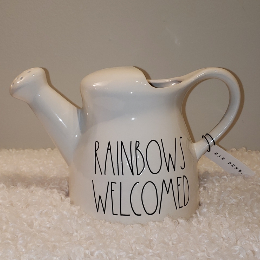 Rae dunn White RAINBOWS WELCOME Watering Can